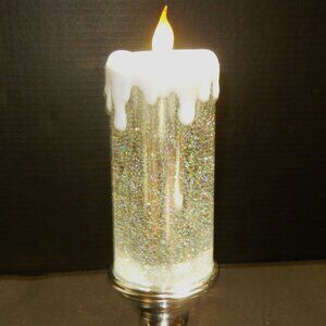 Large SILVER Cylinder Globe Swirling Glitter Water Flameless Candle #2